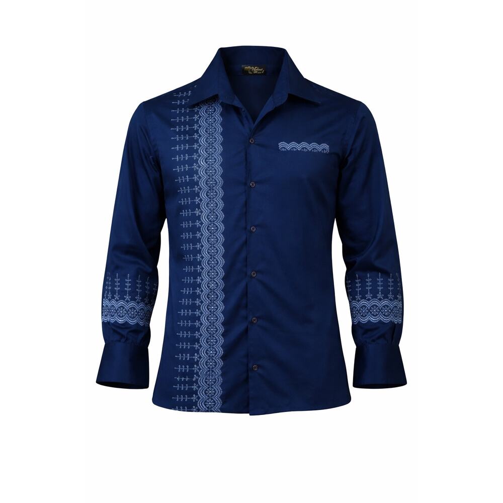 Vintage Velvet Touch Button-Down Shirt – 70s Vibes Blue Men’s 1970s Embroidered - Picture 9 of 9